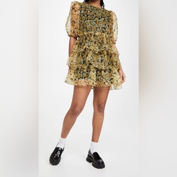 Ganni Yellow Puff Sleeve Mini Dress - Picture 1 of 7